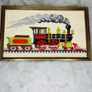 Vintage MCM Framed Crewel Cross Stitch Needle Work Multi Color Train Needle Work